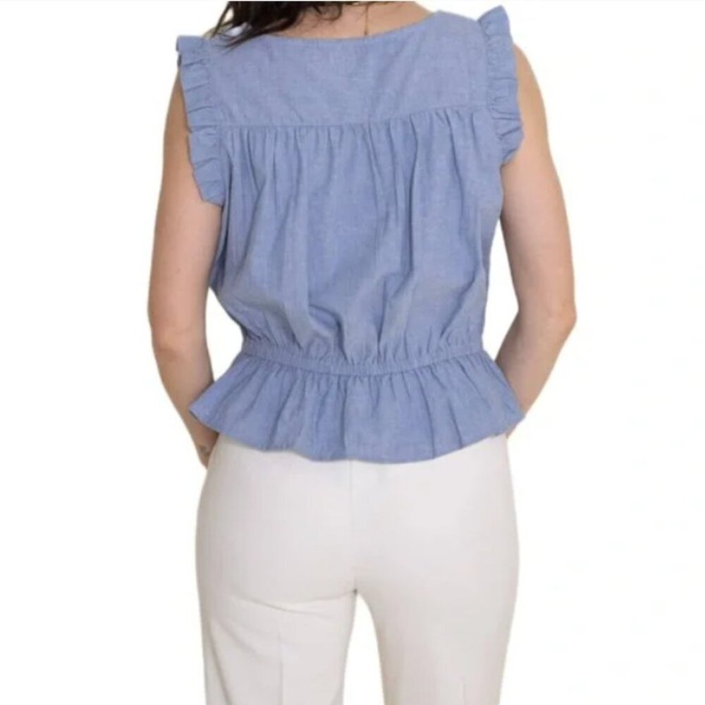 Simply Southern Top X-Large Blue Smocked Ruffle Chambray Blouse 100% Cotton - Picture 5 of 10